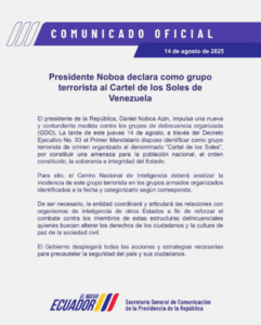 Gobierno de Ecuador declara como grupo terrorista al Cartel de los Soles de Ecuador