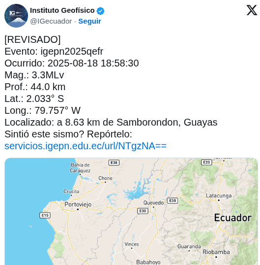 El sismo se produjo la noche de este lunes 18 de agosto • Foto: Instituto Geofísico