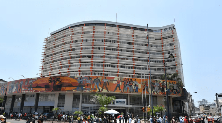 Sobre las calles Olmedo y Francisco de Paula Lavayen, en el centro de Guayaquil, se impone el edificio del Instituto Ecuatoriano de Seguridad Social (IESS).