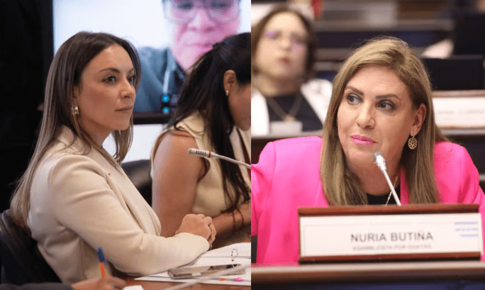 Asambleista denunciante Mishell Mancheno y asambleista denunciada NUria Butiña