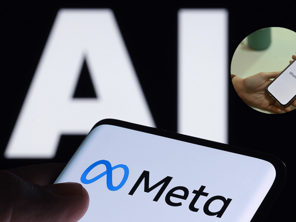 Interfaz de WhatsApp con el asistente Meta AI activo, una función que ha generado debate sobre privacidad y uso de datos personales.PATENTLY APPLE - CANVA