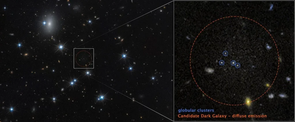 Esta galaxia solo es visible por cuatro cúmulos globulares y ellos conforman el 16% de todo su brillo. Los científicos piensan que el 99.9% de esta galaxia es materia oscura. NASA/ESA