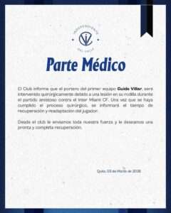 Informe Médico del portero de Independiente: Guido Villar. Foto: Instagram @independientedelvalle.