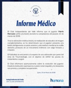 Informe Médico de Patrick Mercado. Foto: Instagram @independientedelvalle. 