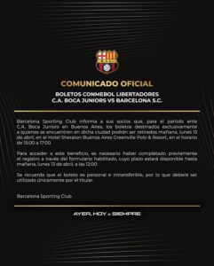 Comunicado de Barcelona en Instagram: Foto: barcelonasc. 